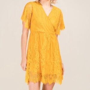 Francesca’s Miami Yellow Marigold Mustard Shabby Chic Lace Mini Dress Medium